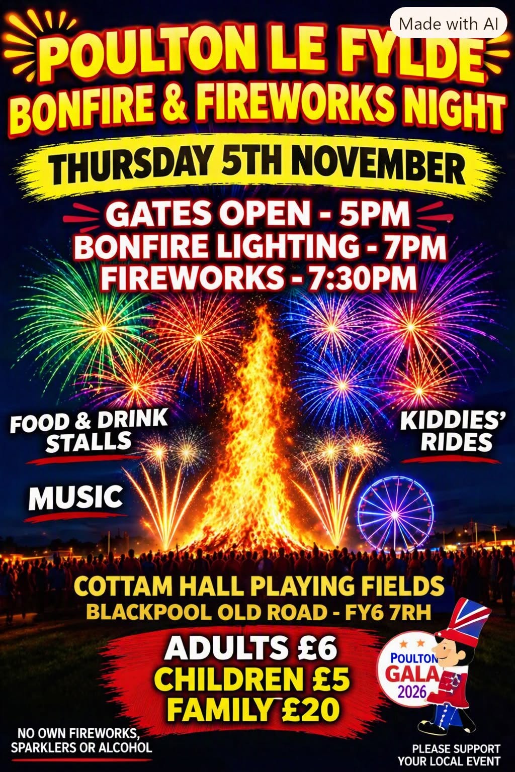 Promotional poster for Poulton Gala Bonfire Night 2026