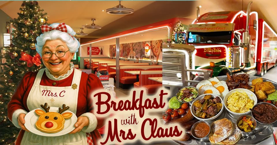 Mrs Claus holding a plate with a reindeer shaped pancake on it at Billy Bobs Myerscough