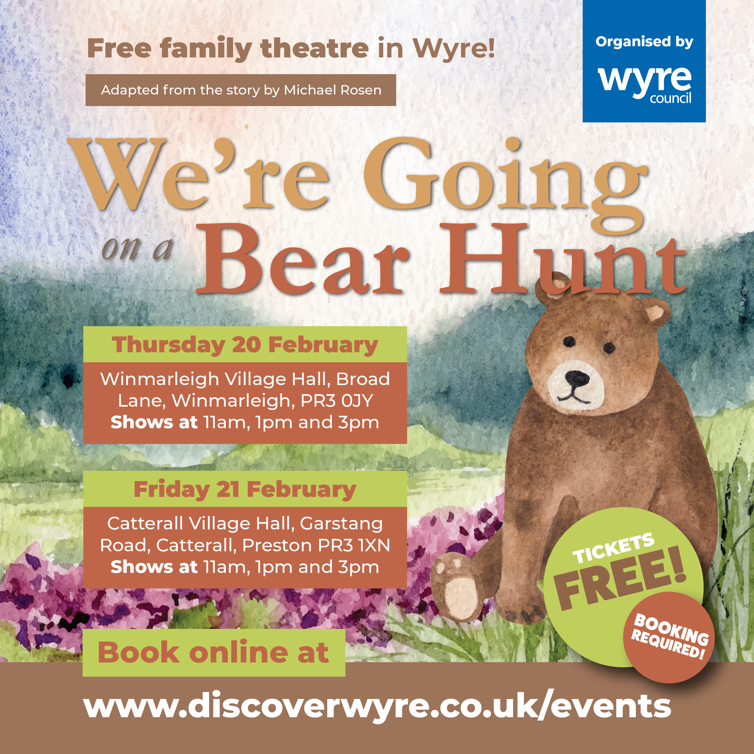 We're Going on a Bear Hunt advert for free theatre show in Wyre